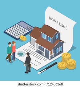 Flat 3d isometric couple talking with real estate agent. Home loan and real estate business concept