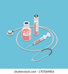 Flat 3d isometric COVID-19 or coronavirus in vacuum tube vaccine with stethoscope and syringe. Covid-19 or coronavirus vaccine concept.