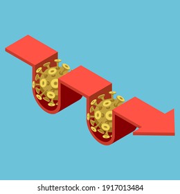 Flat 3d Isometric Covid-19 virus Impact on Financial Arrow Graph. Financial Crisis Concept.