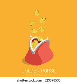 Flat 3d isometric creative golden purse web infographics concept. Gold coins raining to open wallet. Creative people collection.