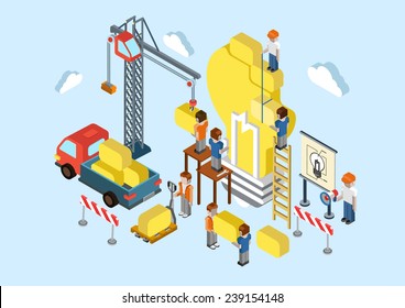 Flat 3d isometric creative idea planning, brainstorming web infographic concept vector. Crane, lorry, people making big light bulb lamp sign. Business, commerce, startup, innovation concept.