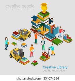 Flat 3d isometric creative library education knowledge concept web infographics vector illustration. Young casual students loaders stacks books pallet. Creative people collection.