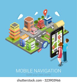 Flat 3d isometric creative mobile navigation web infographics concept. Couple touching big smartphone and city model map pin point. Creative people collection.