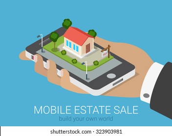 Flat 3d Isometric Creative Mobile Real Estate Sale Web Infographics Concept. Big Hand With Smartphone On Micro House Street Block. Creative People Collection.