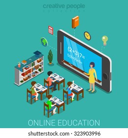 Flat 3d isometric creative mobile education web infographics education knowledge concept. Teacher before huge smartphone with formula on screen and pupil school class. Creative people collection.