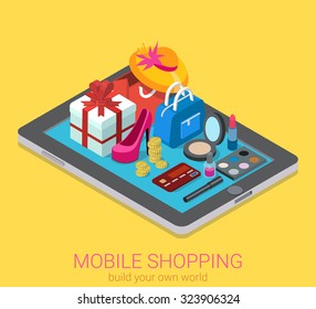 Flat 3d isometric creative mobile shopping web infographics consumerism concept. Beauty accessory fashion clothes goods on big tablet. Creative people collection.