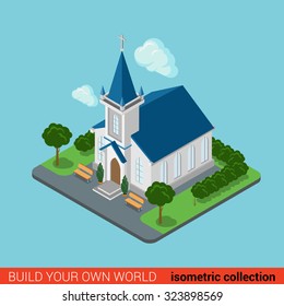 Flat 3d isometric creative modern Christian church building block info graphic concept. Build your own infographics world collection.