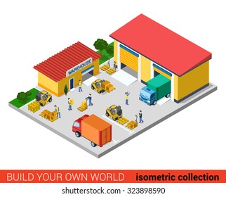 Flat 3d isometric creative modern warehouse building block info graphic concept. Ware house backyard transport forklift loading box pallet. Build your own infographics world collection.