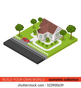 Flat 3d isometric creative modern family house car parking building block info graphic concept. Build your own infographics world collection.