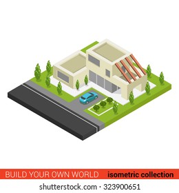Flat 3d isometric creative modern stylish family house car parking building block info graphic concept. Build your own infographics world collection.