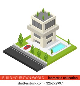 Flat 3d isometric creative modern three floor condo condominium hostel pool building block info graphic concept. Build your own infographics world collection.