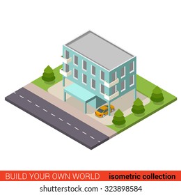 Flat 3d isometric creative municipal office condo condominium hostel dormitory modern building block info graphic concept. Build your own infographics world collection.
