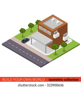 Flat 3d isometric creative two floor small business office condo condominium with parking modern building block info graphic concept. Build your own infographics world collection.