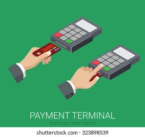 Flat 3d isometric credit card payment POS terminal PIN code usage web infographics concept. Creative people collection.