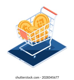 Flat 3d Isometric Cryptocurrency Coin Inside Shopping Cart on Digital Tablet. Cryptocurrency Exchange Platform Concept.