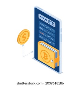 Cartera digital Isometric Cryptocurrency Plana 3d en Smartphone. Cartera Digital para el Concepto de Tecnología de Criptodivisa Comercial y Cadena de Bloques.