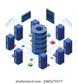 Flaches 3D-Isometrie-Rechenzentrum mit Servern und Netzwerkverbindung. In: Big Data Analytics Concept.