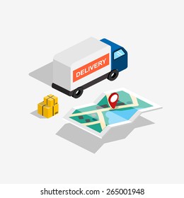 Flat 3d isometric delivery car with route map and boxes. Vector illustration.