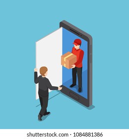 Flat 3d isometric delivery man come out from smart phone and delivering package. Online shopping and delivery concept.