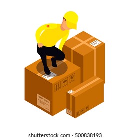 Flat 3d isometric delivery worker icon