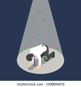 Flat 3d isometric depressed businessman kneeling under the spotlight with money banknote. Bankruptcy and business failure concept.