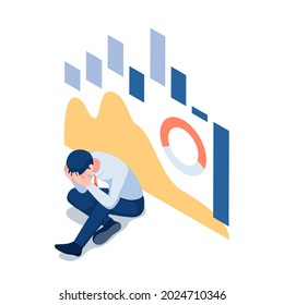 Flat 3d Isometric Depressed Businessman with Falling Stock Market Graph in Background. Financial Crisis and Bankruptcy Concept.