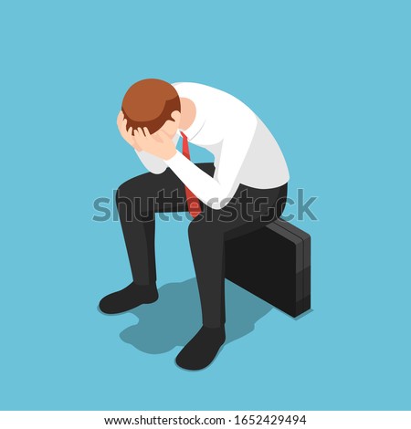 Flat 3d isometric depressed businessman facepalm or cover his face by hands sit on business briefcase. Business failure and fired concept.