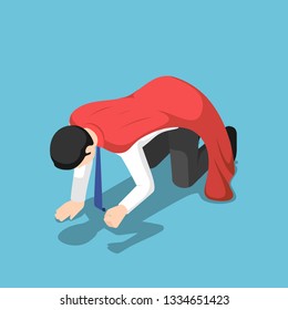 Flat 3d isometric depressed super businessman kneeling on the floor. Business failure and bankruptcy concept.