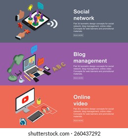Flat 3d isometric design concepts for social network, blog management, online video. Concepts for web banners and promotional materials.
