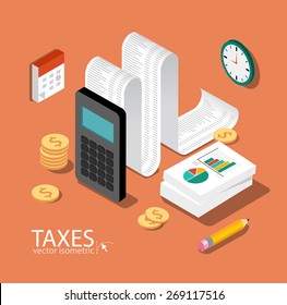 Flat 3d isometric design concepts for business and finance. Concepts for taxes, finance, bookkeeping, accounting, business, stock market, market research, etc.