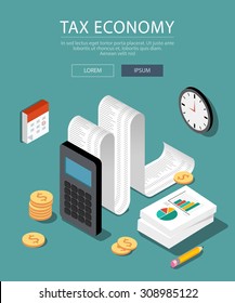 Flat 3d isometric design concepts for business and finance. Concepts for taxes, finance, bookkeeping, accounting, business, stock market, market research, etc.