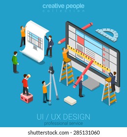 Flat 3d isometric desktop UI/UX design web infographic concept vector. Crane micro people creating interface on computer. User interface experience, usability, mockup, wireframe development concept.