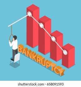 Flat 3d Isometric Desperate Businessman Trying to Commit Suicide by Hanging. Business Failure and Bankruptcy Concept