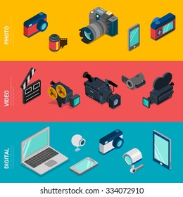 Flat 3d isometric digital electronics computer photo video equipment icon set concept web infographics vector. Laptop tablet PC webcam camera DSLR camcorder security smart phone mobile app.