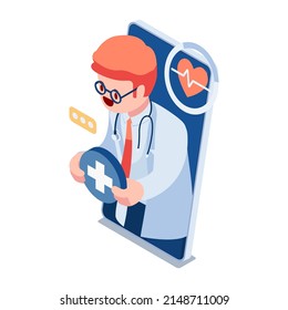 Doctor Isometric Plano 3d disponible para consulta médica instantánea dentro del Smartphone. Concepto de telemedicina.