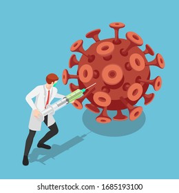 Flat 3d isometric doctor carrying big syringe inject vaccine to COVIC-19 virus or Coronavirus. Treatment for COVID-19 virus or coronavirus infection concept.