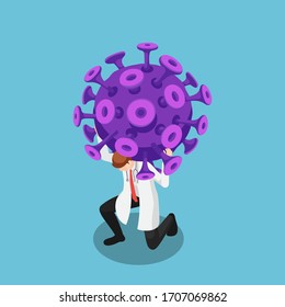 Flat 3d isometrischer Arzt, der das COVID-19-Virus oder Coronavirus auf seiner Schulter trägt. Bekämpfung des COVID-19-Virus oder des Coronavirus-Ausbruchs.