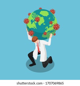 Flat 3d isometric doctor carrying the world with COVID-19 virus or Coronavirus. Fighting with COVID-19 virus or coronavirus outbreak concept.