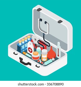 Flat 3d isometric doctor case first aid kit concept web infographics vector illustration. Stethoscope light thermometer clyster enema pill pipette salve syringe flask.