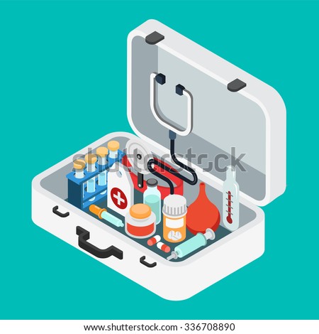 Flat 3d isometric doctor case first aid kit concept web infographics vector illustration. Stethoscope light thermometer clyster enema pill pipette salve syringe flask.