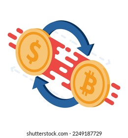 Flat 3d Isometric Dollar Coin and Bitcoin Exchange or Swapping. Cryptocurrency Exchange Platform Concept.