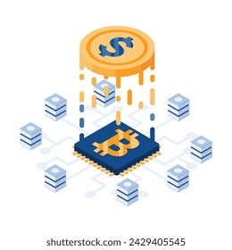 Flat 3d Isometric Dollar Coin Transition to Bitcoin or Digital Currency. Digital Currency or Cryptocurrency Concept.