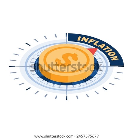 Flat 3d Isometric Dollar Coin Compass Pointing to Inflation. Inflation and Financial Crisis Concept.