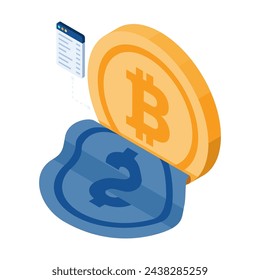 Flat 3d Isometric Dollar Peeling off to Bitcoin. Bitcoin and Cryptocurrency Concept