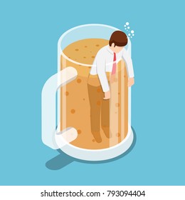 Flat 3d isometric drunk businessman in beer mug. Party and relax concept.