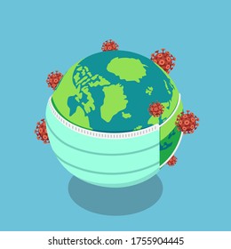 Flat 3d isometric The earth put a surgical mask to protect against covid-19. COVID-19 virus prevention or coronavirus outbreak concept.