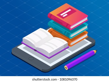 Flat 3d isometric e-book reader and books. E-learning. Flat design modern vector illustration concept.