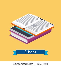 Flat 3d isometric e-book reader and books.  E-learning. Flat design modern vector illustration concept.