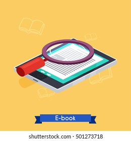 Flat 3d isometric e-book reader and books. E-learning. Flat design modern vector illustration concept.