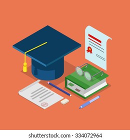 Flat 3d isometric education graduation diploma certificate concept web infographics vector illustration. Graduate cap signed document with stamp book glasses icon collage.